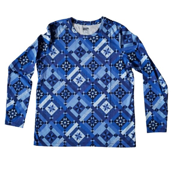 Lands End Supima Cotton Relaxed LS Quilt Pattern Crew Neck Tee Medium NWT - Picture 2 of 6
